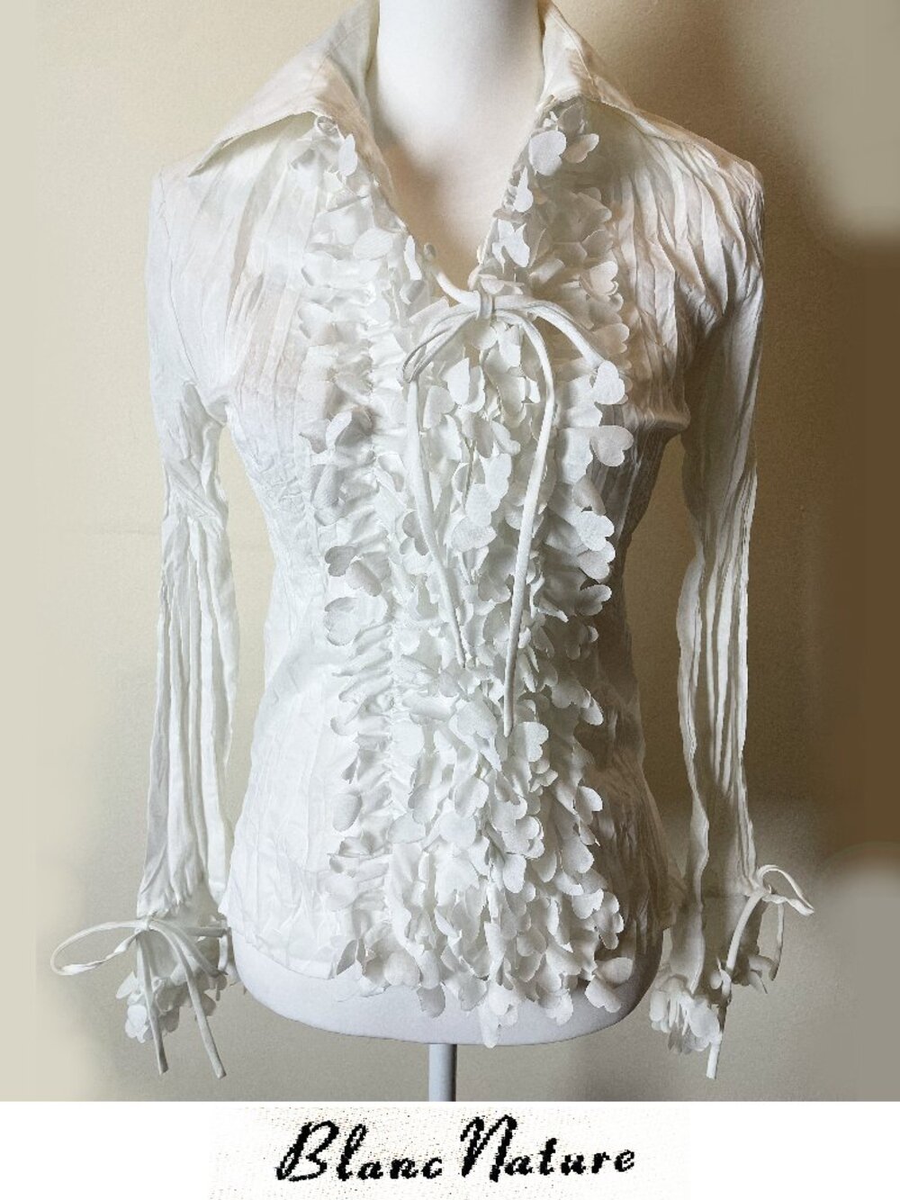 Vintage Blanc Nature White Crinkled Blouse w/Heart Ruffles | French Size 38 EUC